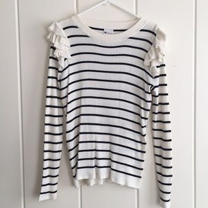 Stylus Black White Stripe Ruffle Shoulder Sweater